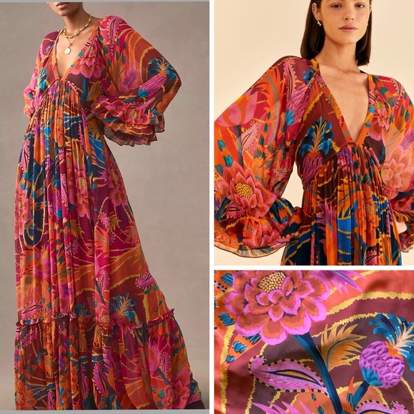 FARM Rio Dresses & Skirts - Anthropologie Farm Rio Vintage Wave Long-Sleeve Maxi Dress -XL